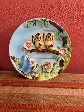 Vintage Majolica Style plate whimsical 3D birds and flowers